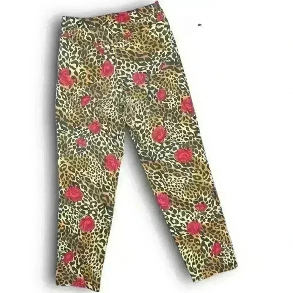 Cheetah Floral Print High Waisted Jeans Pants Straight Leg Trousers Multicolor 4 - Picture 5 of 5
